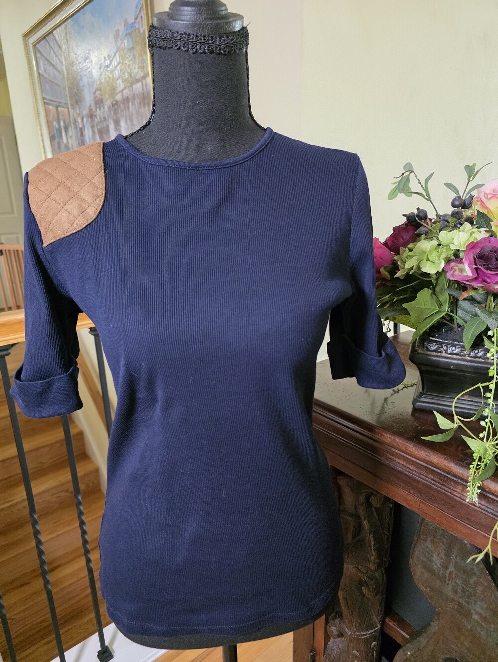 Lauren Ralph Lauren Women's Navy Top with Quilted Tan Elbow Patch Detail Size M